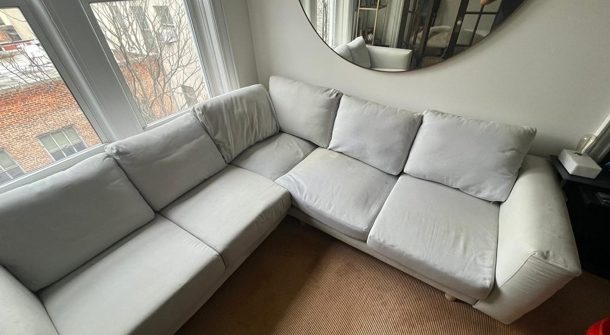 White sectional sofa in a bright apartment after upholstery cleaning